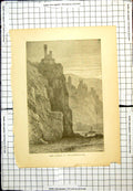 Original Old Antique Print The Castle Neckarsteinach Cliffs Fortress Boat Sail