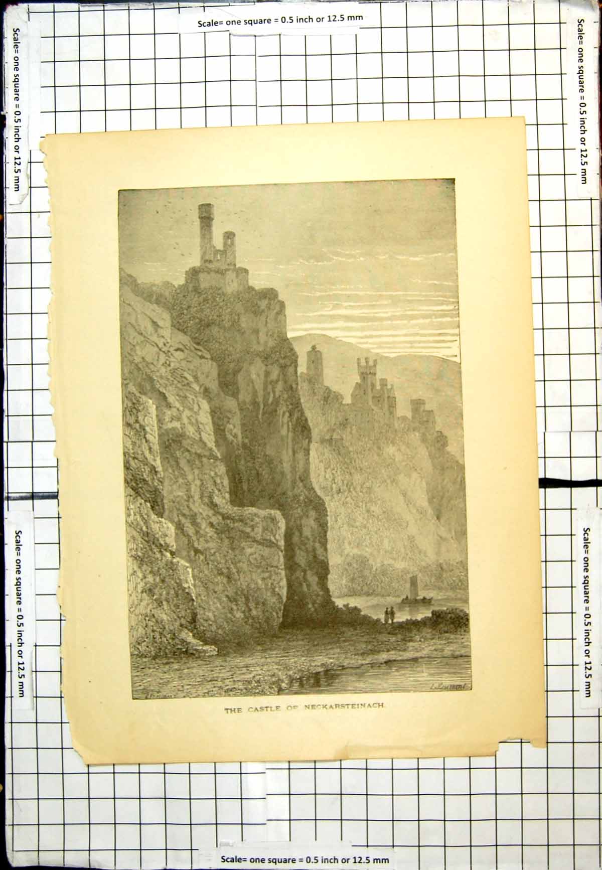 Original Old Antique Print The Castle Neckarsteinach Cliffs Fortress Boat Sail
