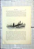 Antique Old Print Biberich Village Waterside Rhine Tower Church Trees Boat