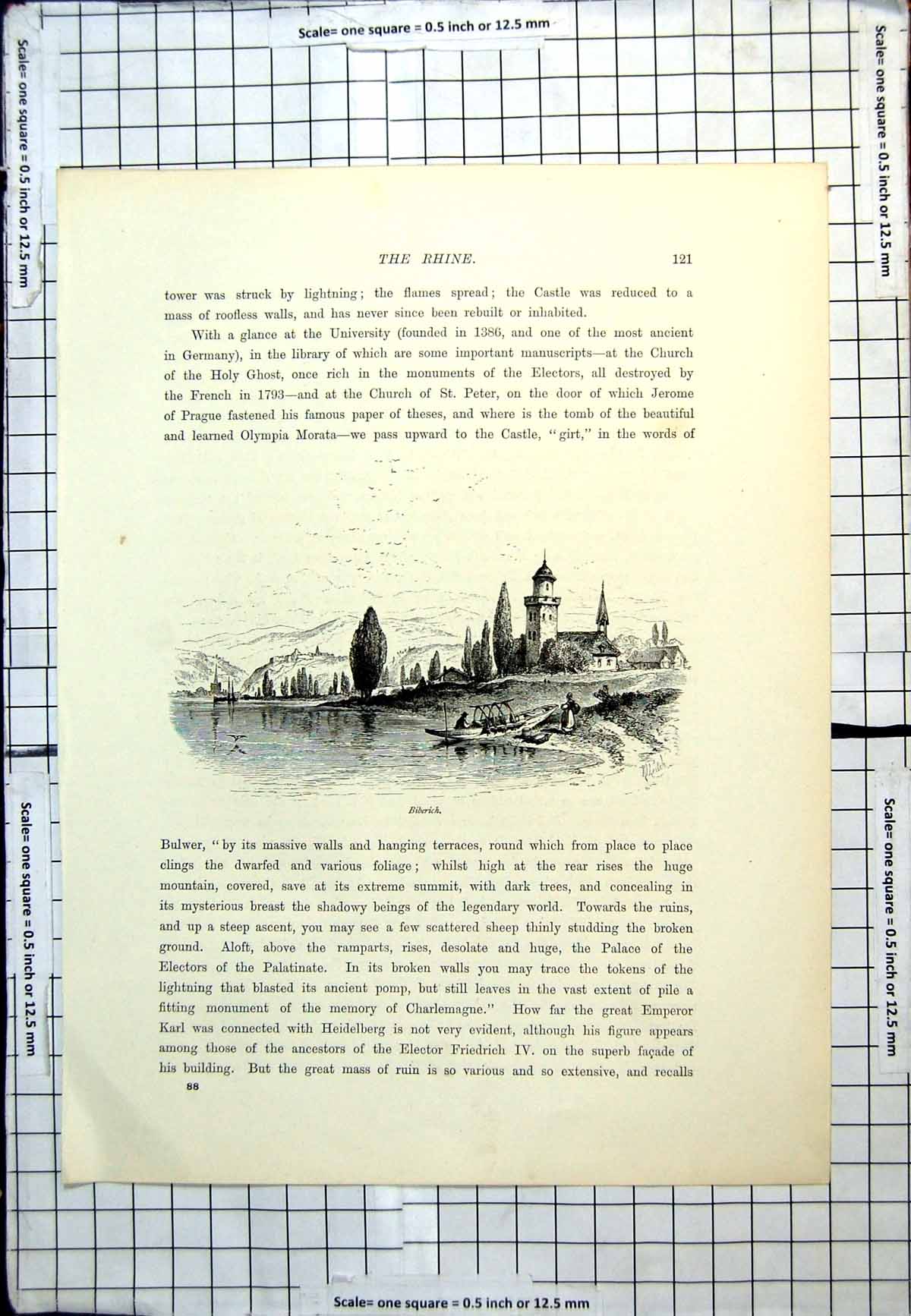 Antique Old Print Biberich Village Waterside Rhine Tower Church Trees Boat