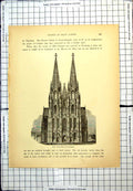 Antique Old Print Cathedral Cologne View From Front Arched Windows Germany