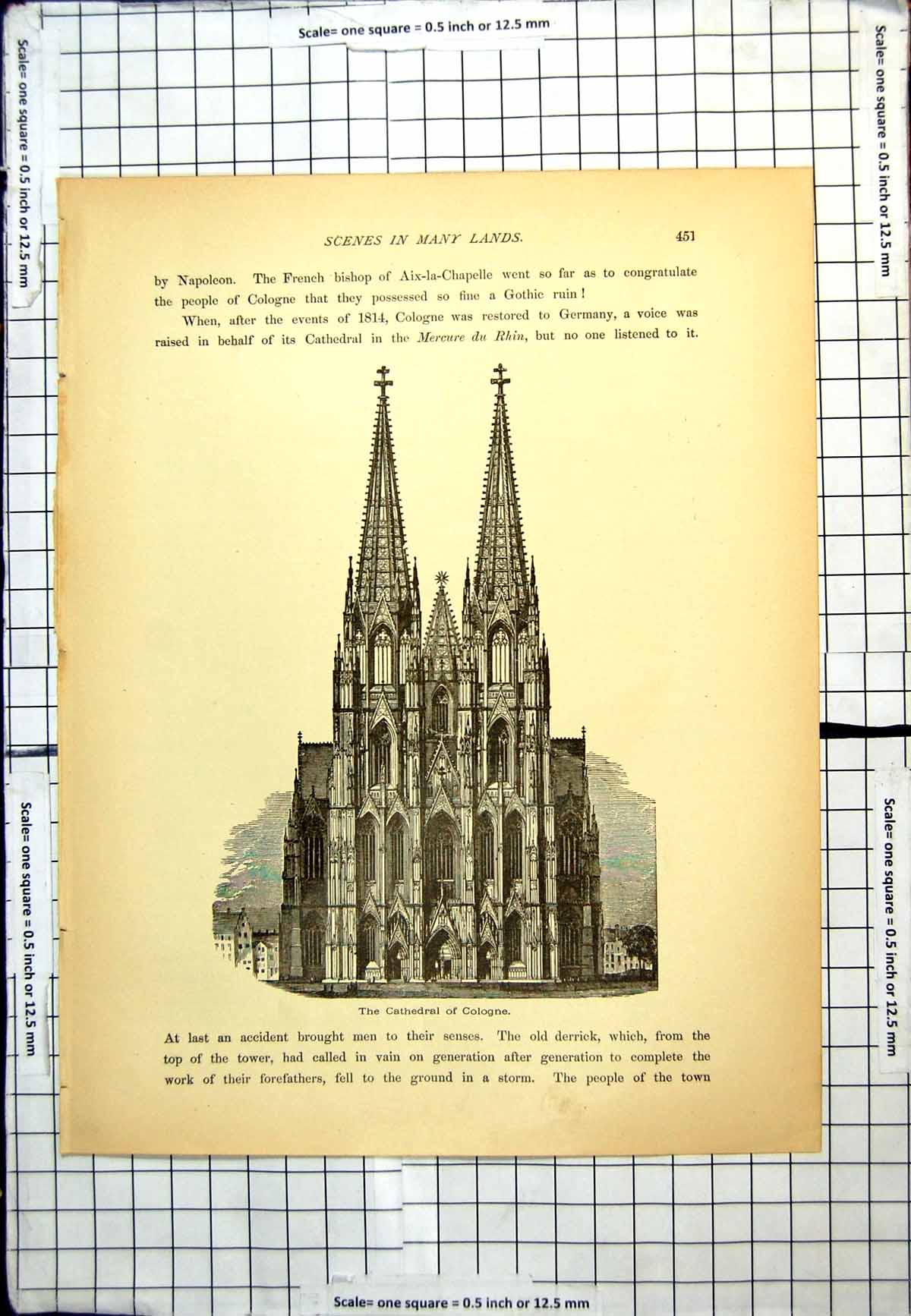 Antique Old Print Cathedral Cologne View From Front Arched Windows Germany