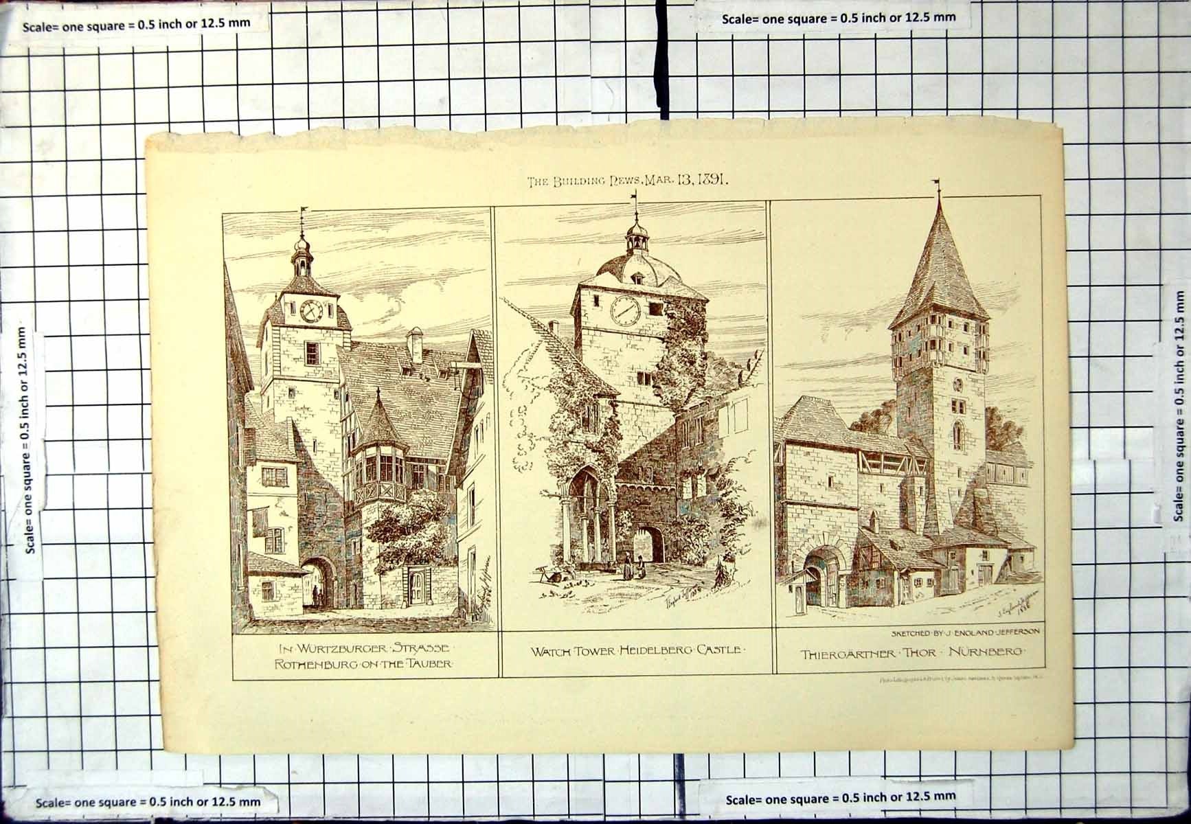 Antique Old Print Rothenburg Tauber Watch Tower Heidelberg Castle Nurnberg
