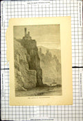 Old Antique Print Castle Neckarsteinach Cliffs Fortress Boat Sail People