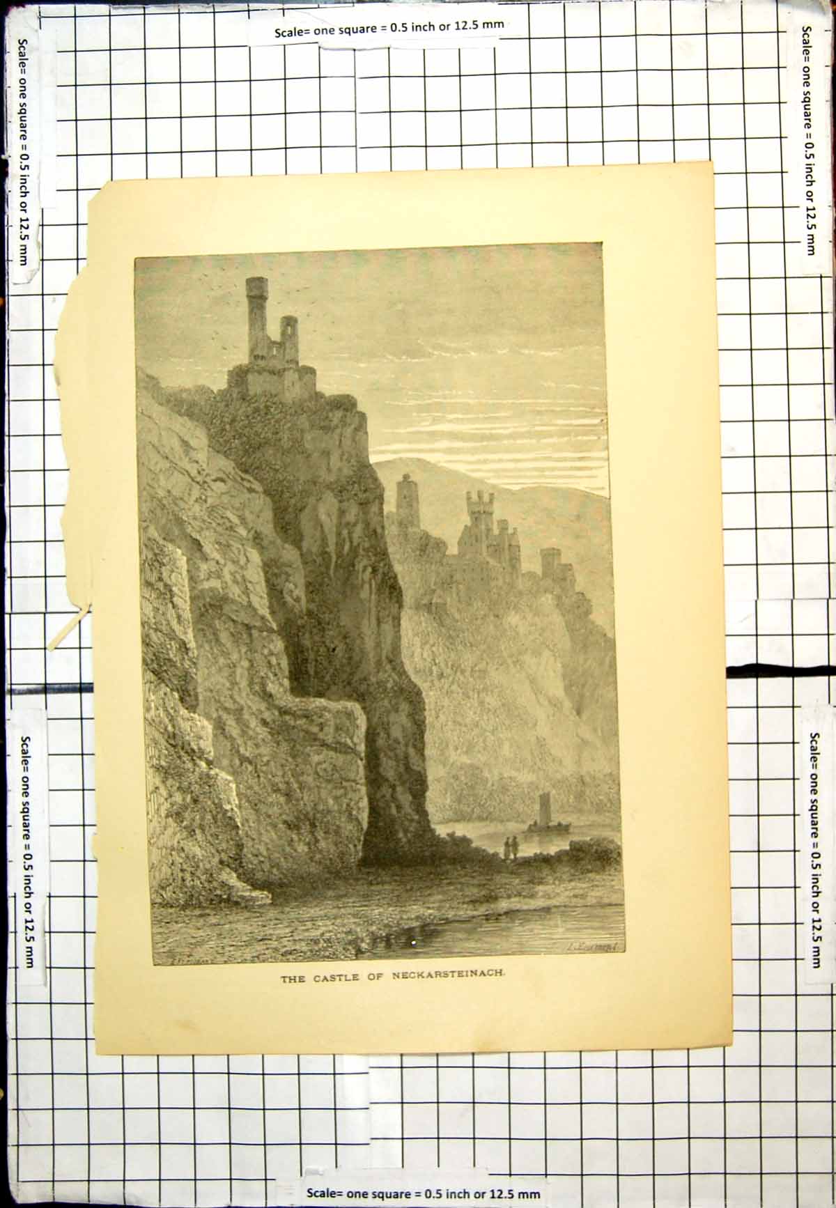 Old Antique Print Castle Neckarsteinach Cliffs Fortress Boat Sail People