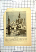 Original Old Antique Print Castle Unnoth Waterside Boat Punting Half Timbering