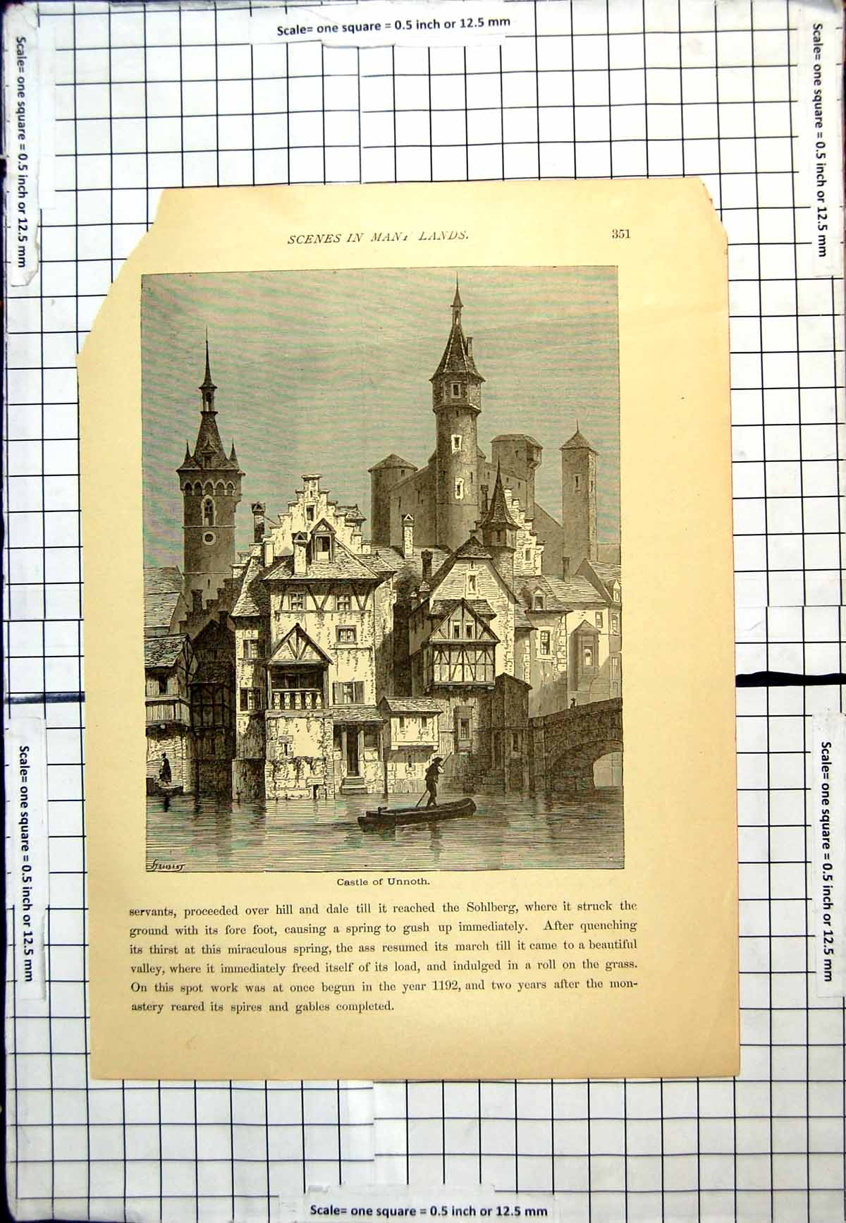 Original Old Antique Print Castle Unnoth Waterside Boat Punting Half Timbering