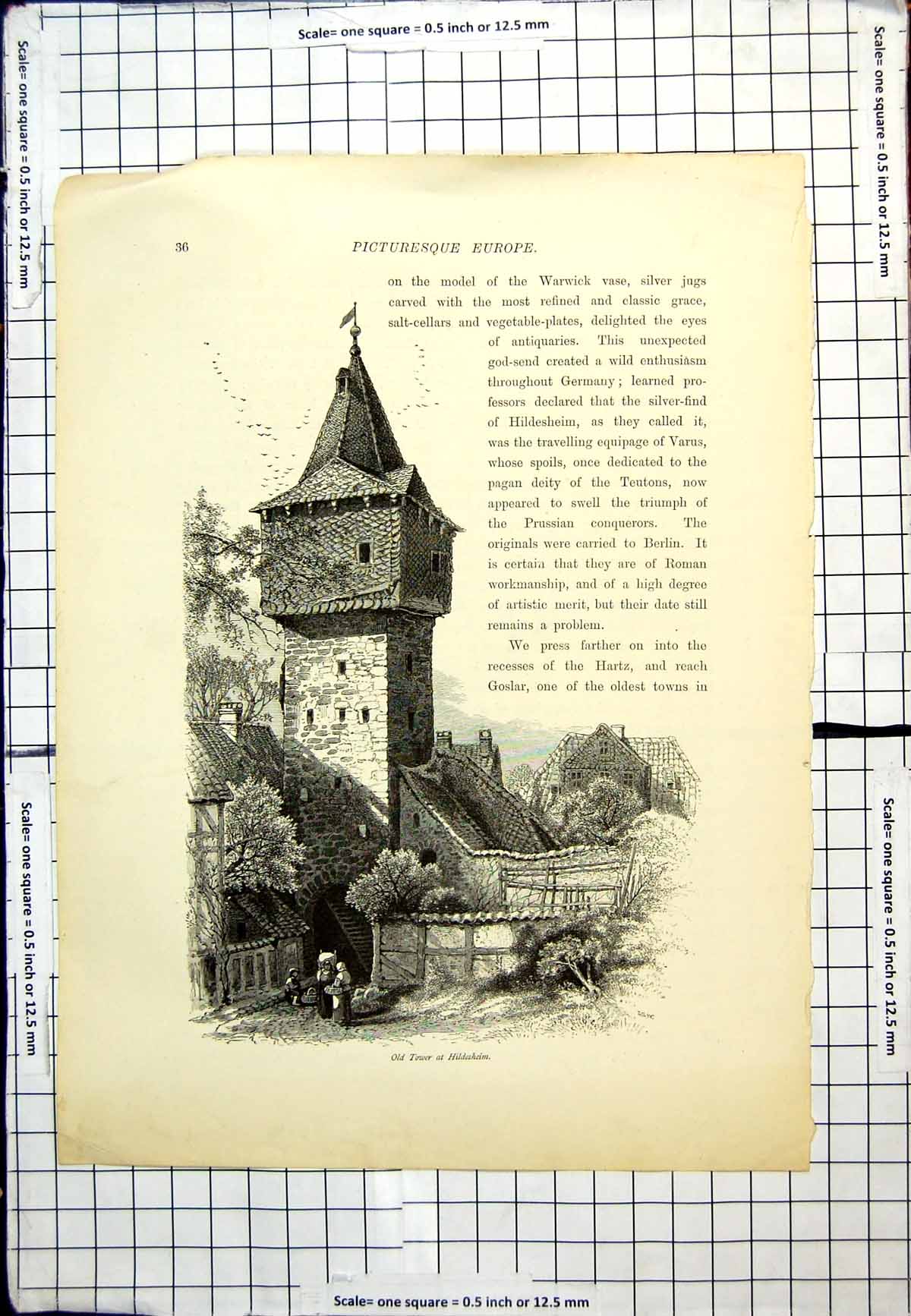 Antique Old Print Tower Hildesheim Tiled Roofs Trees People Carrying Loads
