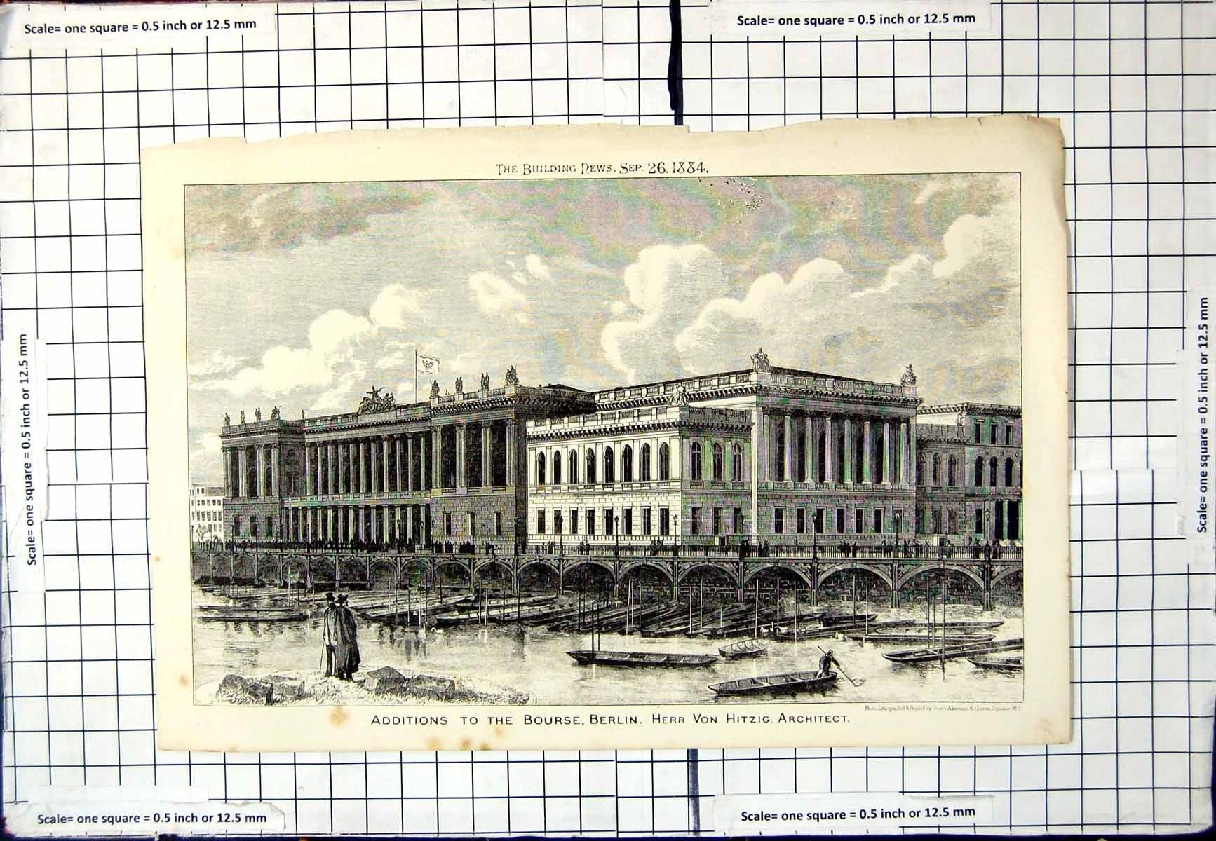 Antique Old Print Additions To Bourse Berlin Herr Von Hitzig Architect 1884