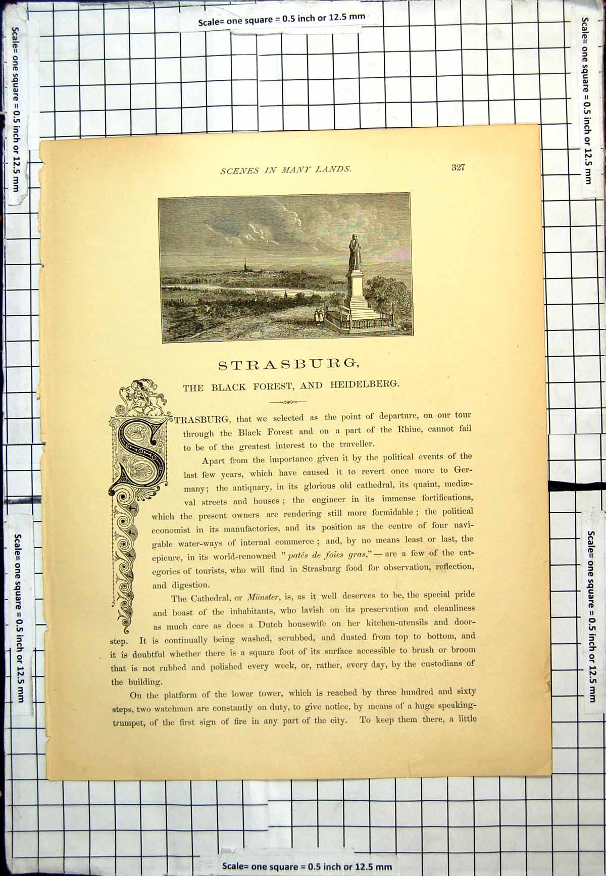 Original Old Antique Print Strasburg Distant View Monument Trees People Germany