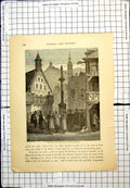 Antique Old Print Interior Town Simonswald Covered Market Area Geese Crowd