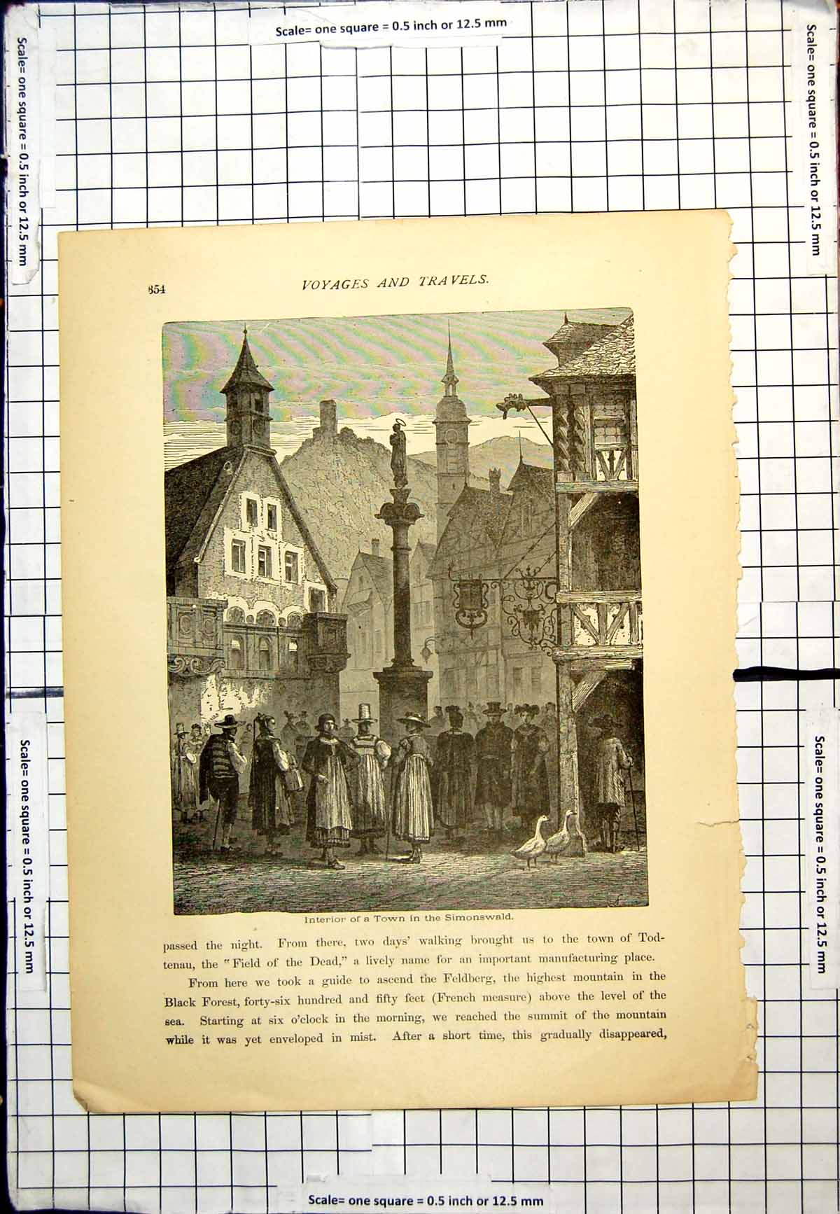 Antique Old Print Interior Town Simonswald Covered Market Area Geese Crowd