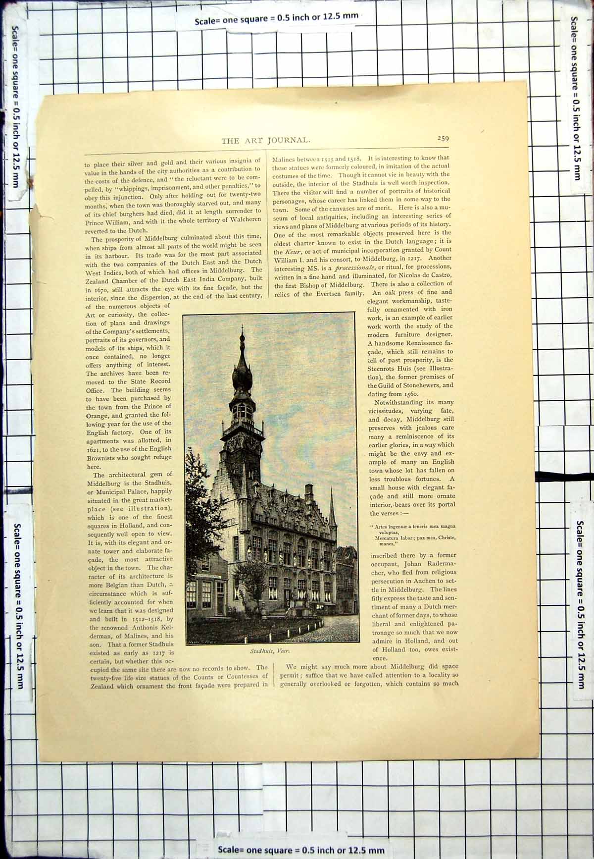 Original Old Antique Print Stadhuis Veer Municipal Palace Holland Middelburg