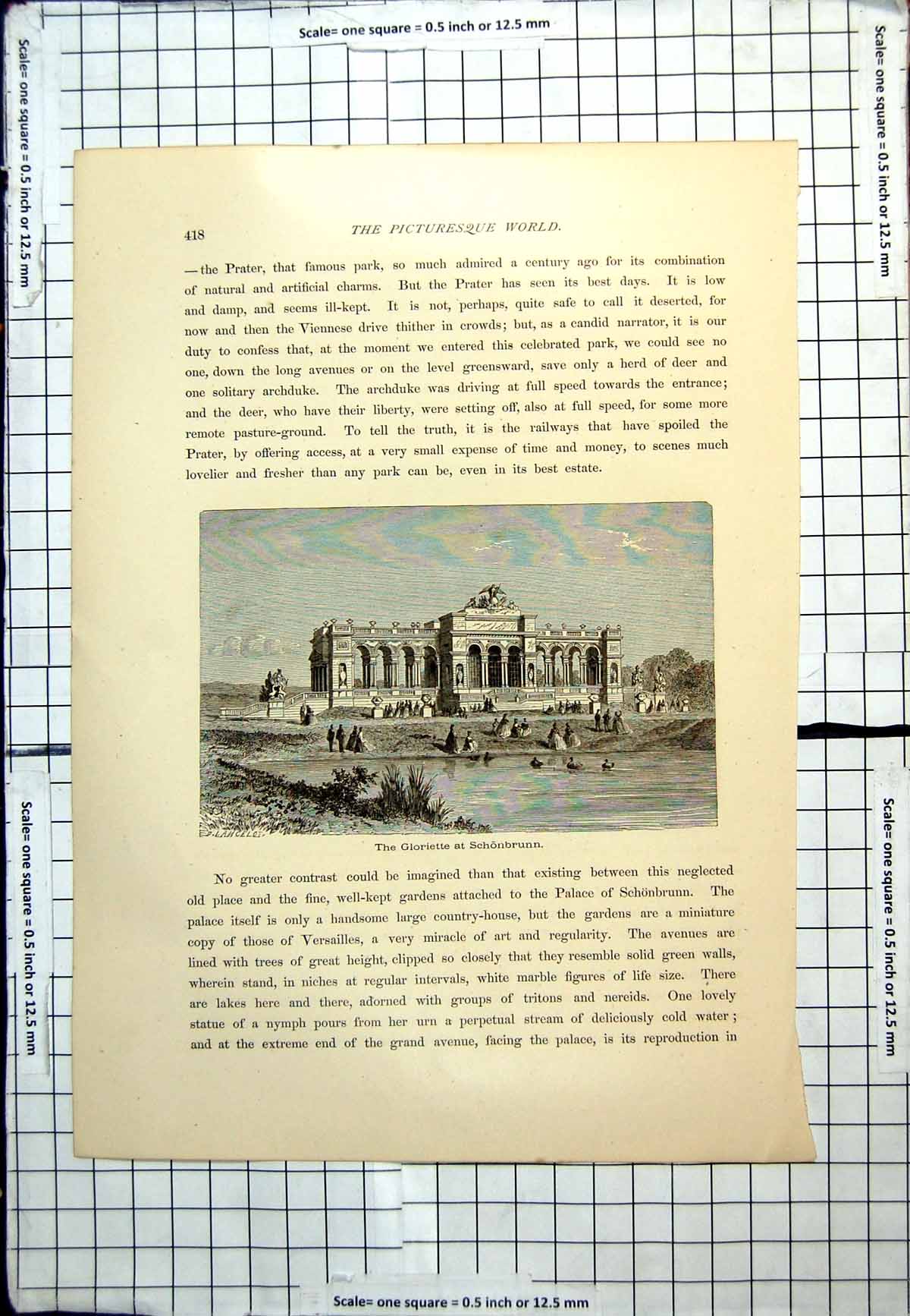 Antique Print Gloriette Schonbrunn Arches Columns People Relaxing Lakeside