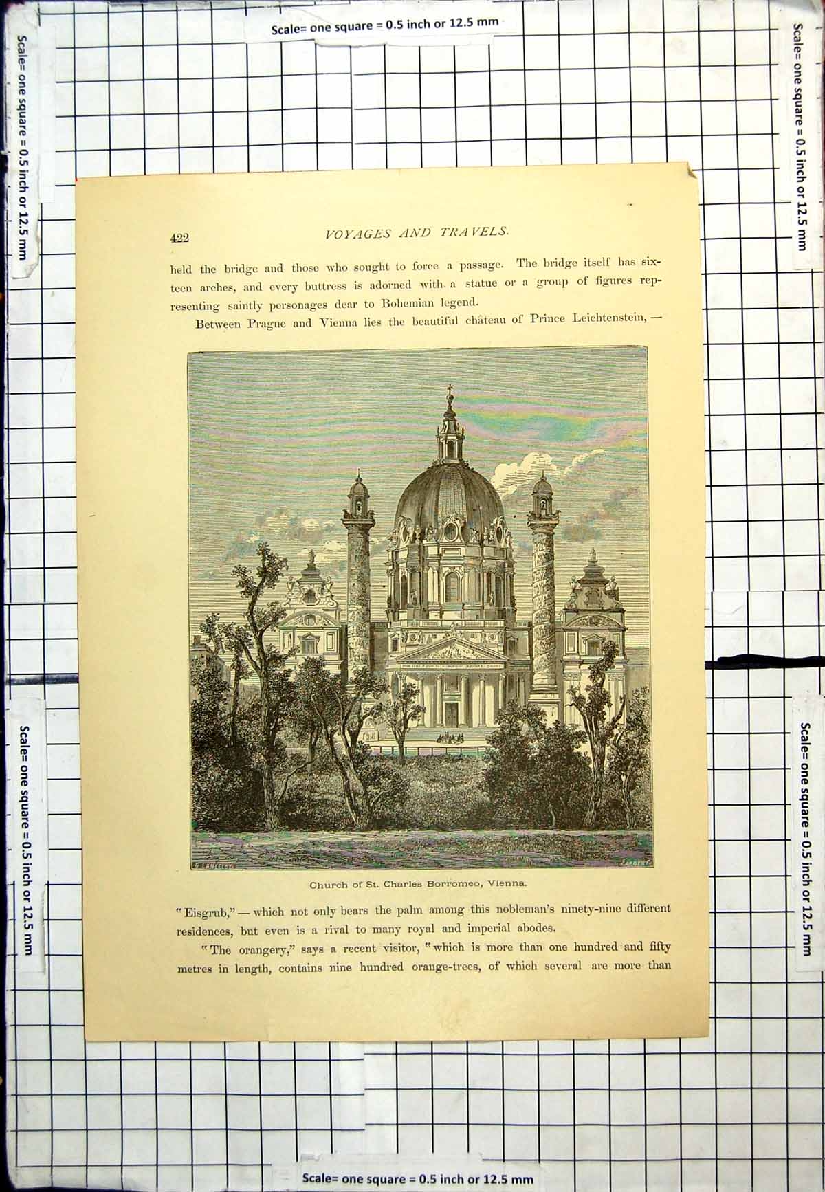 Old Antique Print Church St. Chales Borromeo Vienna Domed RoTowers Trees