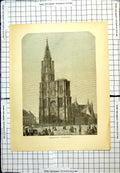 Old Antique Print Strasburg Cathedral People Long Dresses Parasols Carts