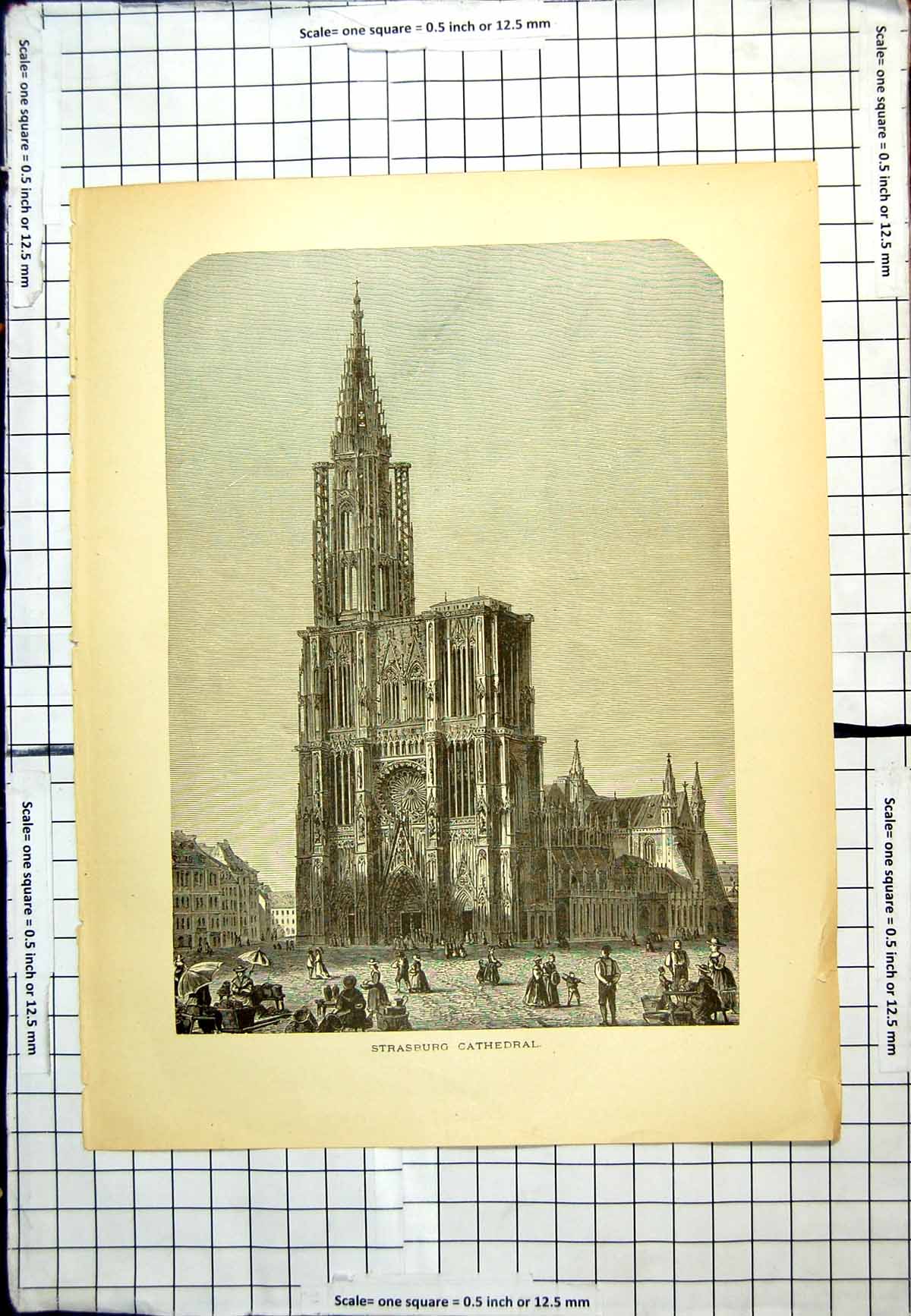 Old Antique Print Strasburg Cathedral People Long Dresses Parasols Carts