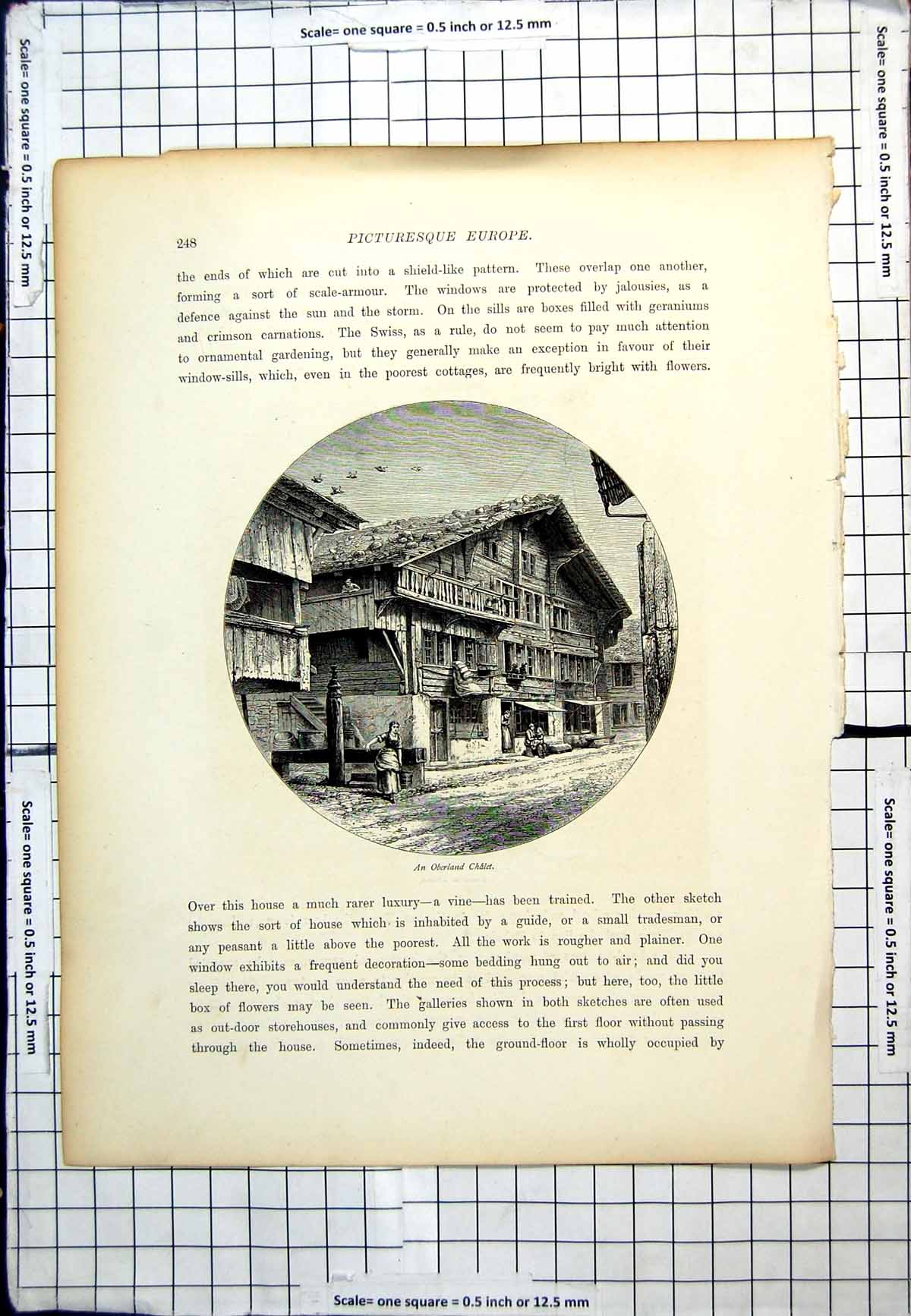 Antique Old Print An Oberland Chalet Mattresses Airing Windows People Street