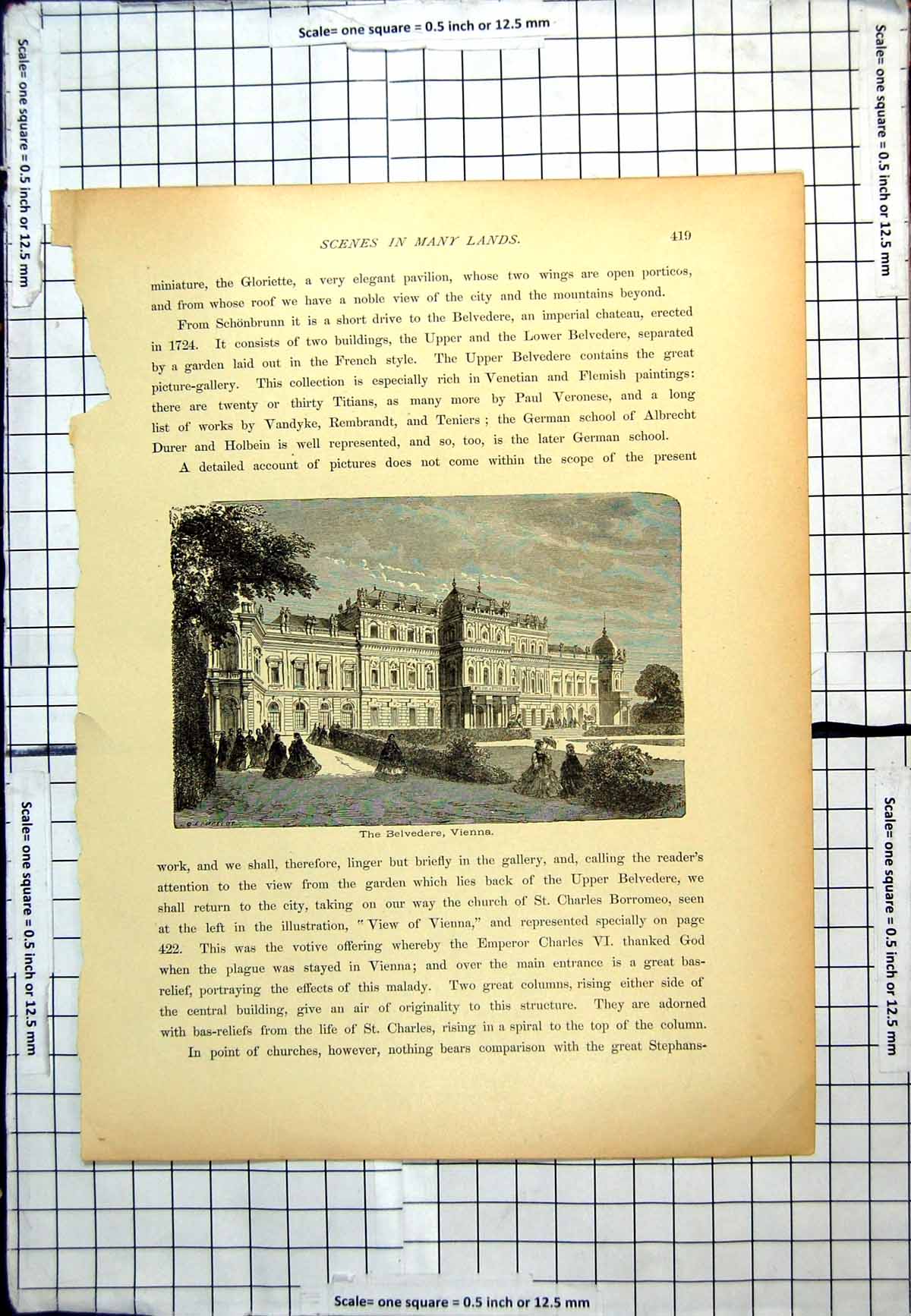 Old Antique Print The Belvedere Vienna Columned Entrance People Grounds