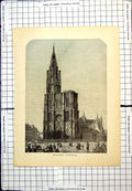 Old Antique Print Strasburg Cathedral People Long Dresses Parasols Cart