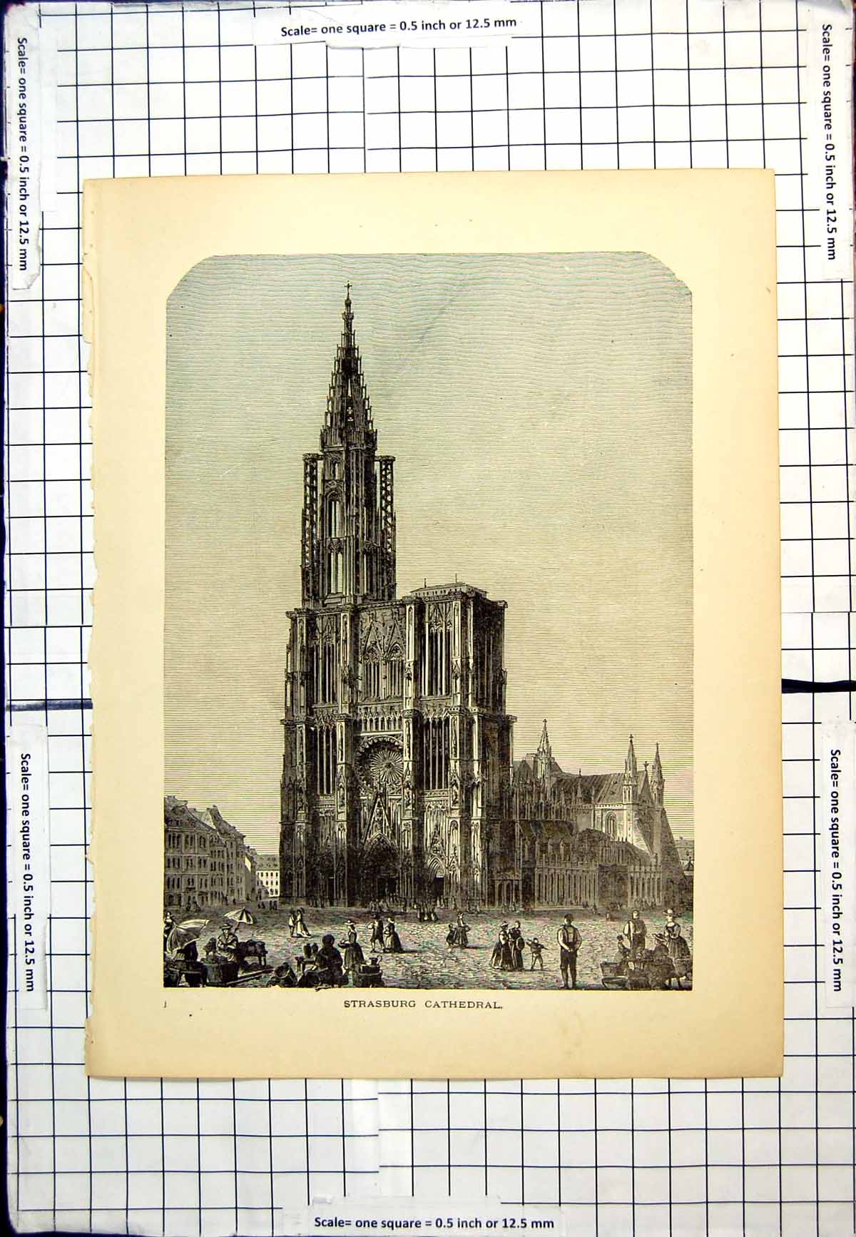 Old Antique Print Strasburg Cathedral People Long Dresses Parasols Cart