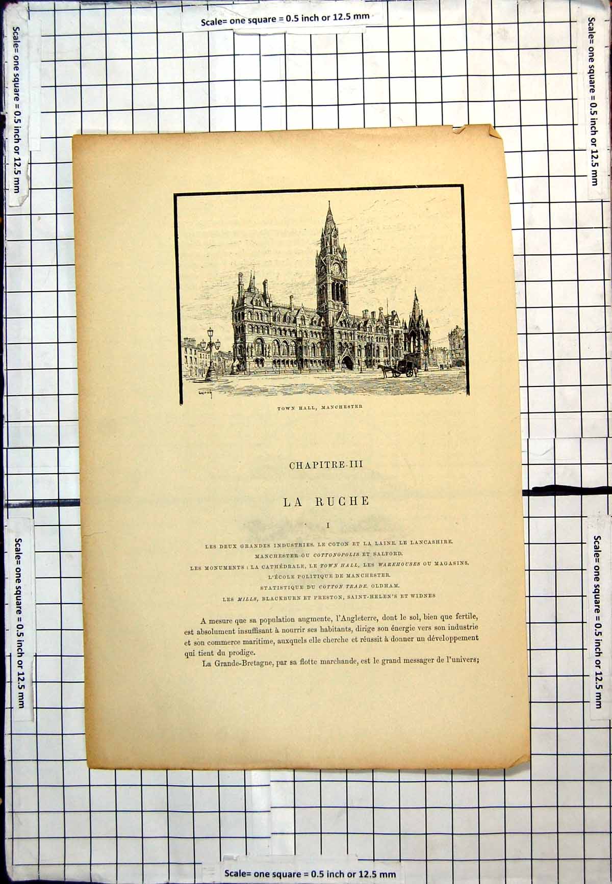 Antique Old Print Town Hall Manchester England Horse Carriage Street Lanterns