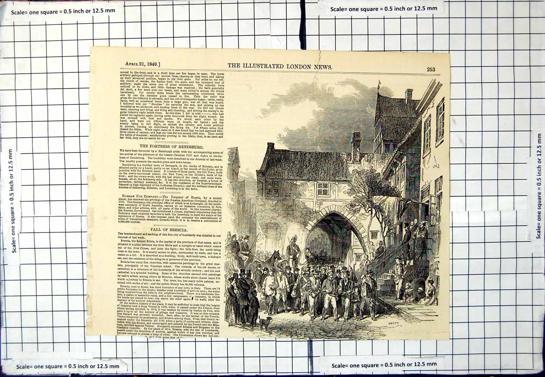 Antique Old Print Rendsburg Denmark Prisoners Market Place Town House 1849 19th