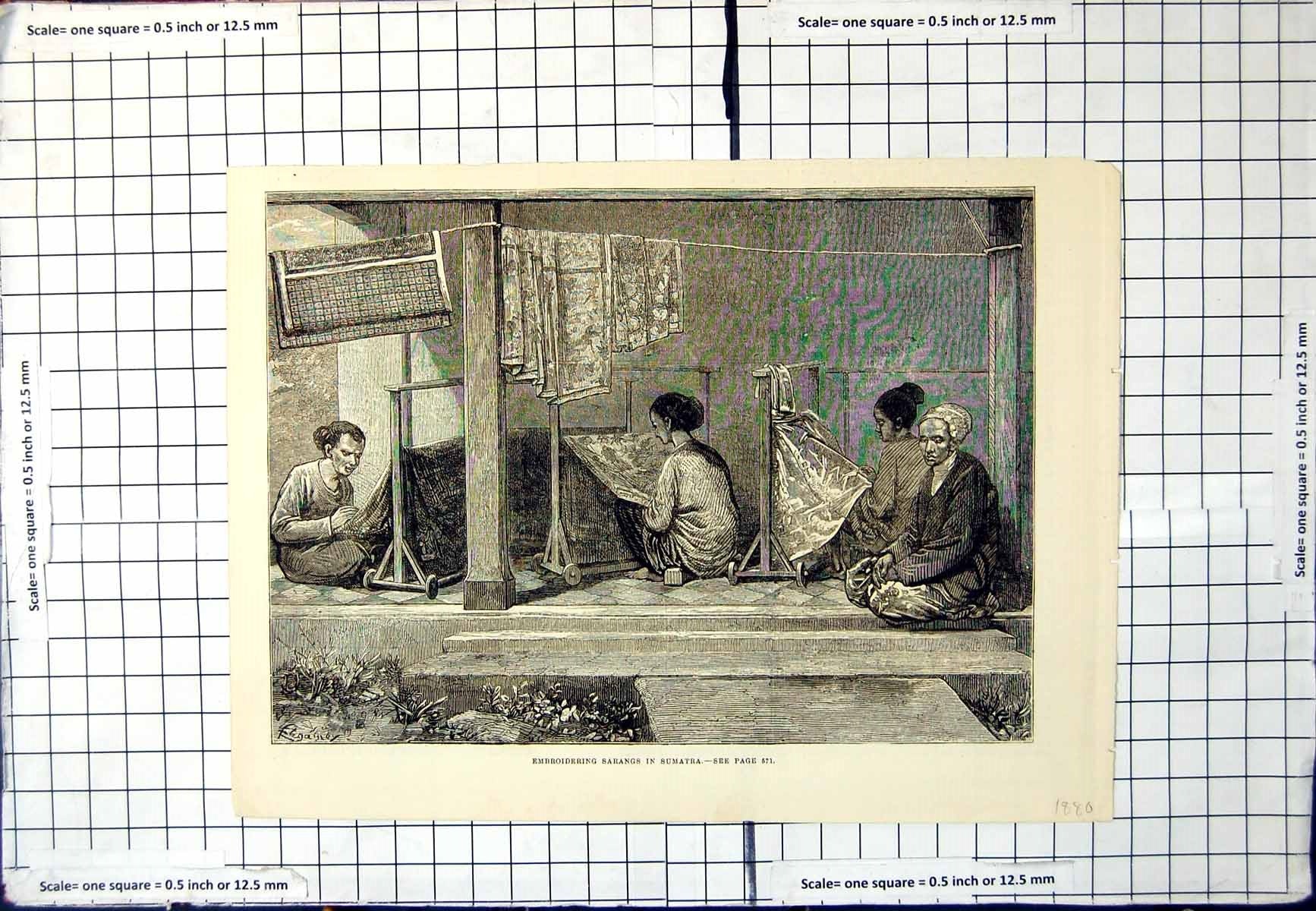 Old Antique Print Embroidering Sarangs In Sumatra Women Seated Floor 1880 19th