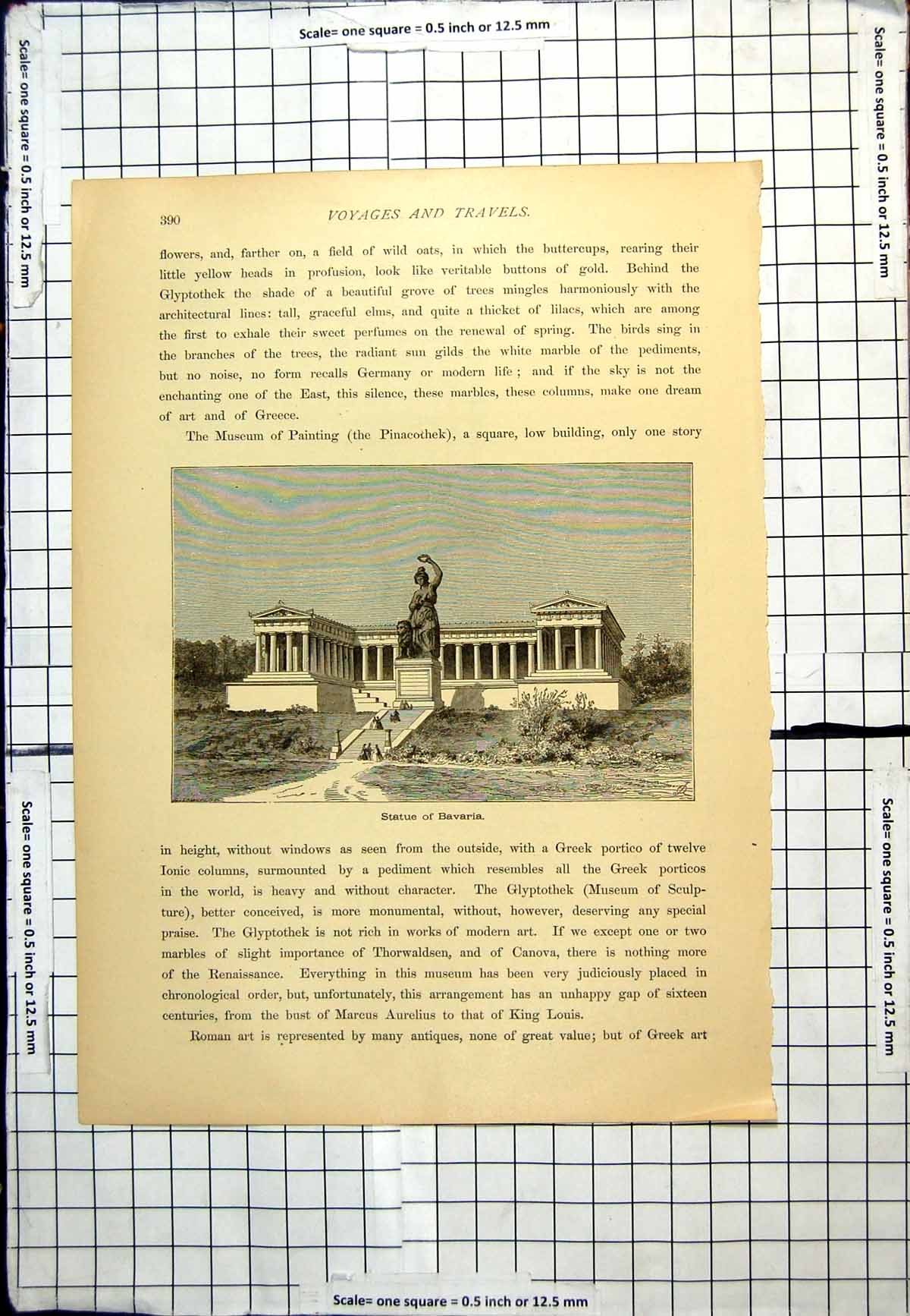 Old Antique Print Statue Bavaria Columned Building Lady Arm Raised Lion
