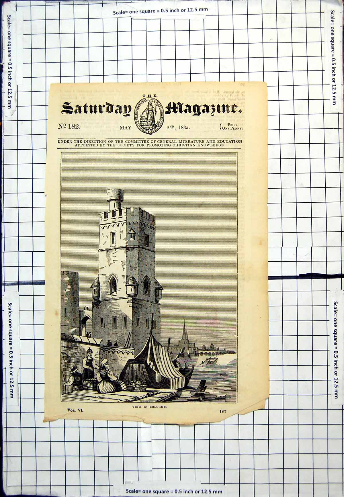 Old Print View In Cologne Tower Waterside Covered Boat Basket Goods 1835 19th