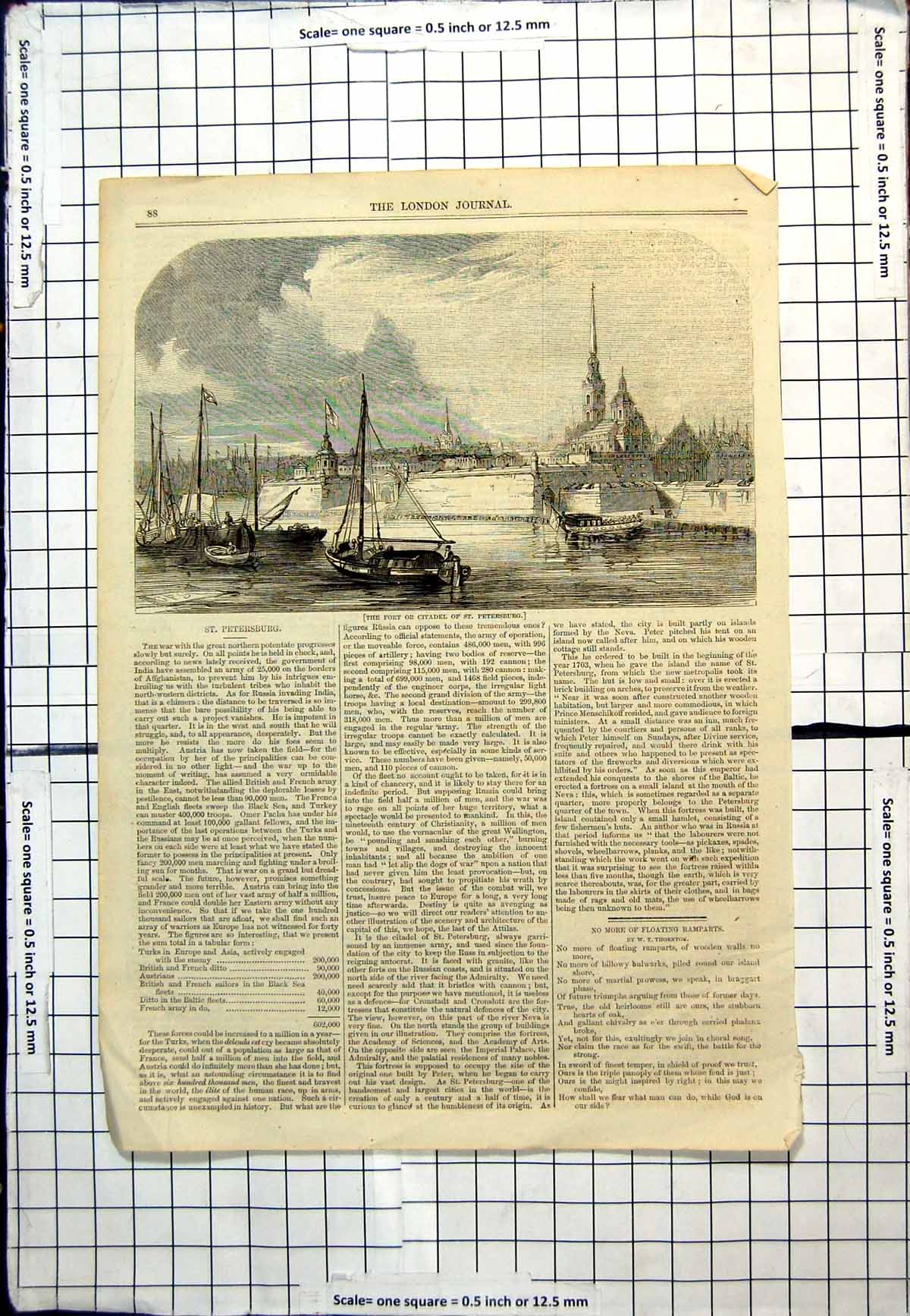 Old Antique Print Fort Citadel St Petersburg Seen From Water Boats Sails