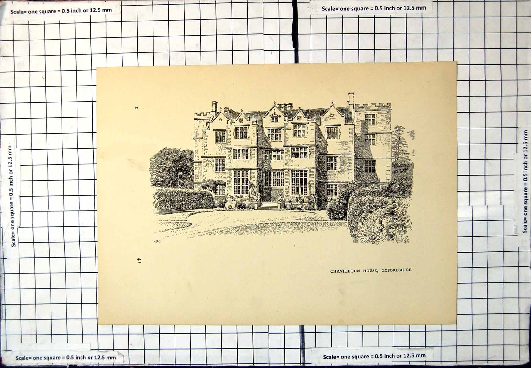 Old Antique Print Chastleton House Oxfordshire Imposing Building Driveway
