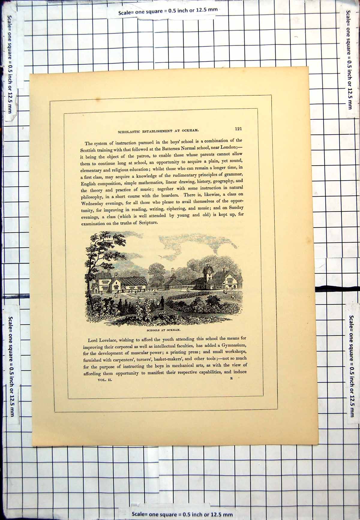 Old Antique Print Schools At Ockham Range Buildings Children Adults Trees