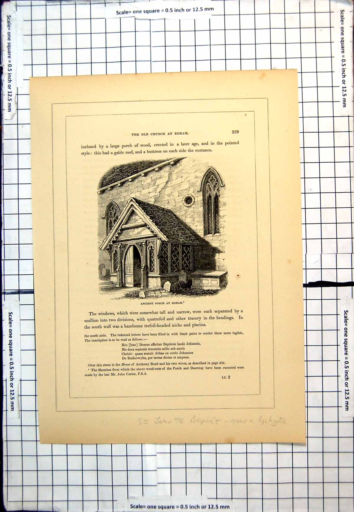 Original Old Antique Print Ancient Porch At Egham St John The Baptist