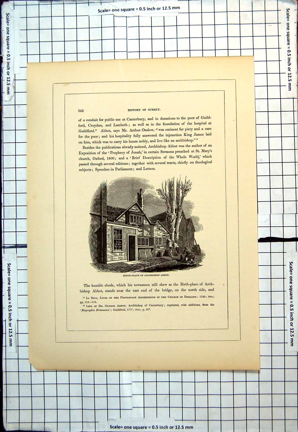 Original Old Antique Print Birth-Place Archbishop Abbot Humble Abode Surrey