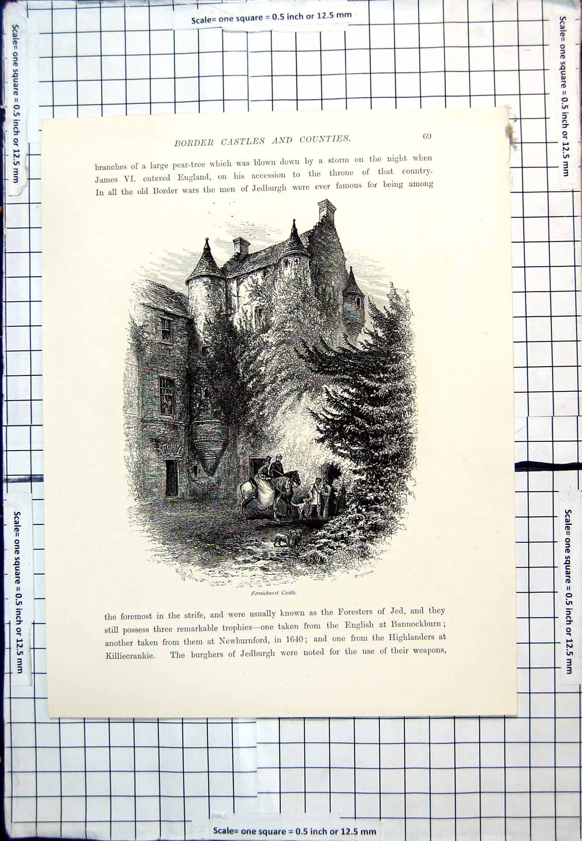 Antique Old Print Fernichurst Castle East Bank Jed Scoto-French Style Trees