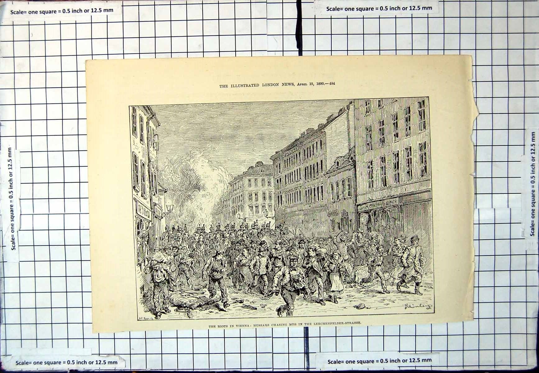 Antique Old Print Riots Vienna Hussars Chasing Mob Lerchenfelder-Strasse 1890