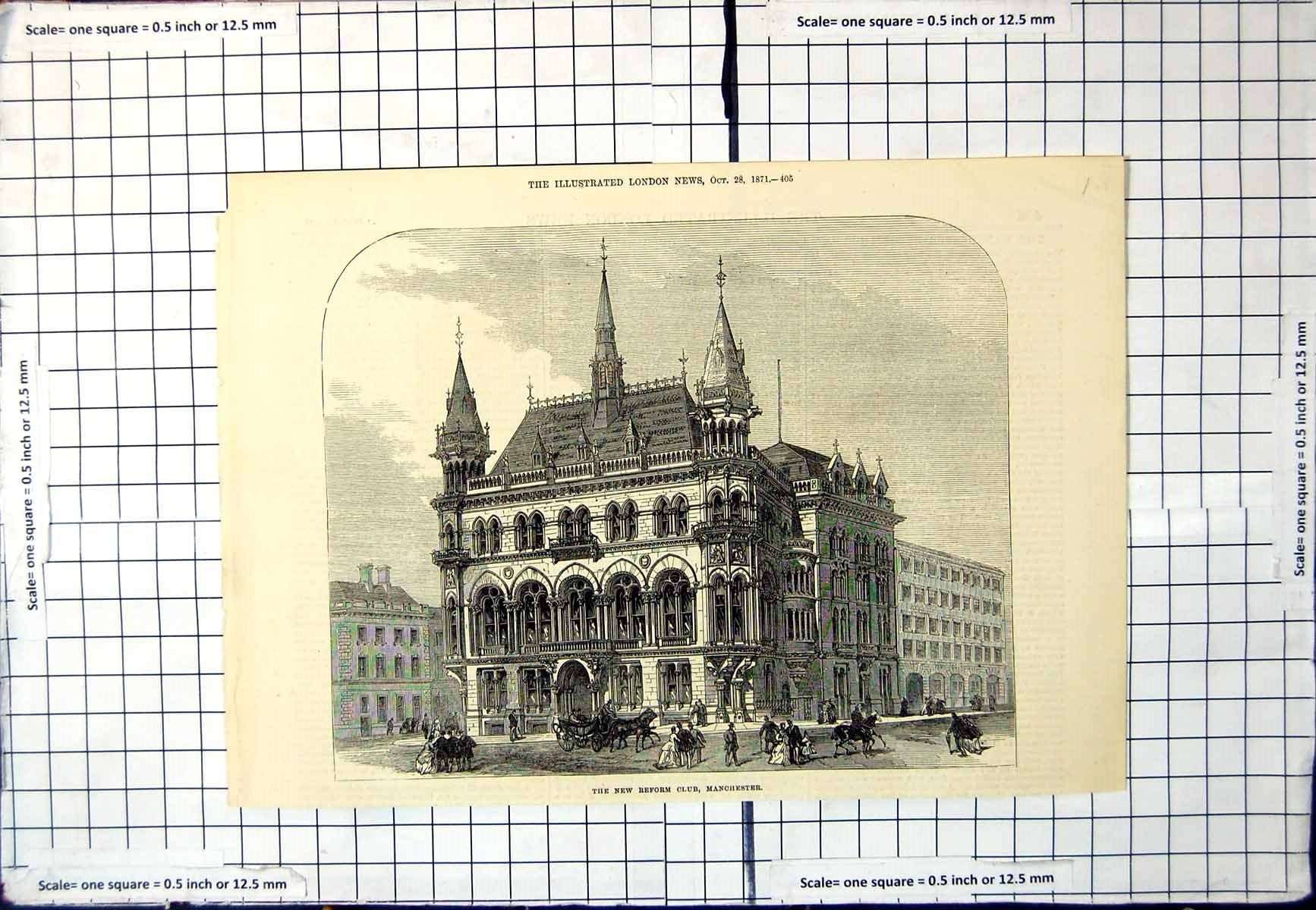 Old Antique Print New Reform Club Manchester Street Horses Carriages 1871 19th