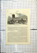 Antique Old Print Collegiate Church Or Cathedral Manchester People Dresses