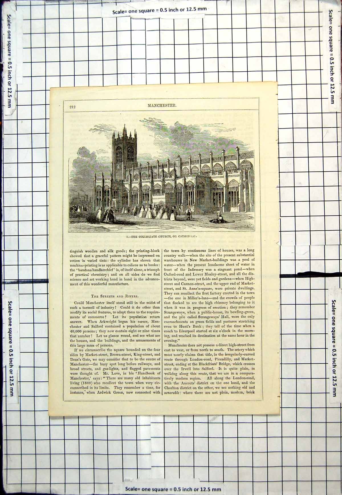Antique Old Print Collegiate Church Or Cathedral Manchester People Dresses