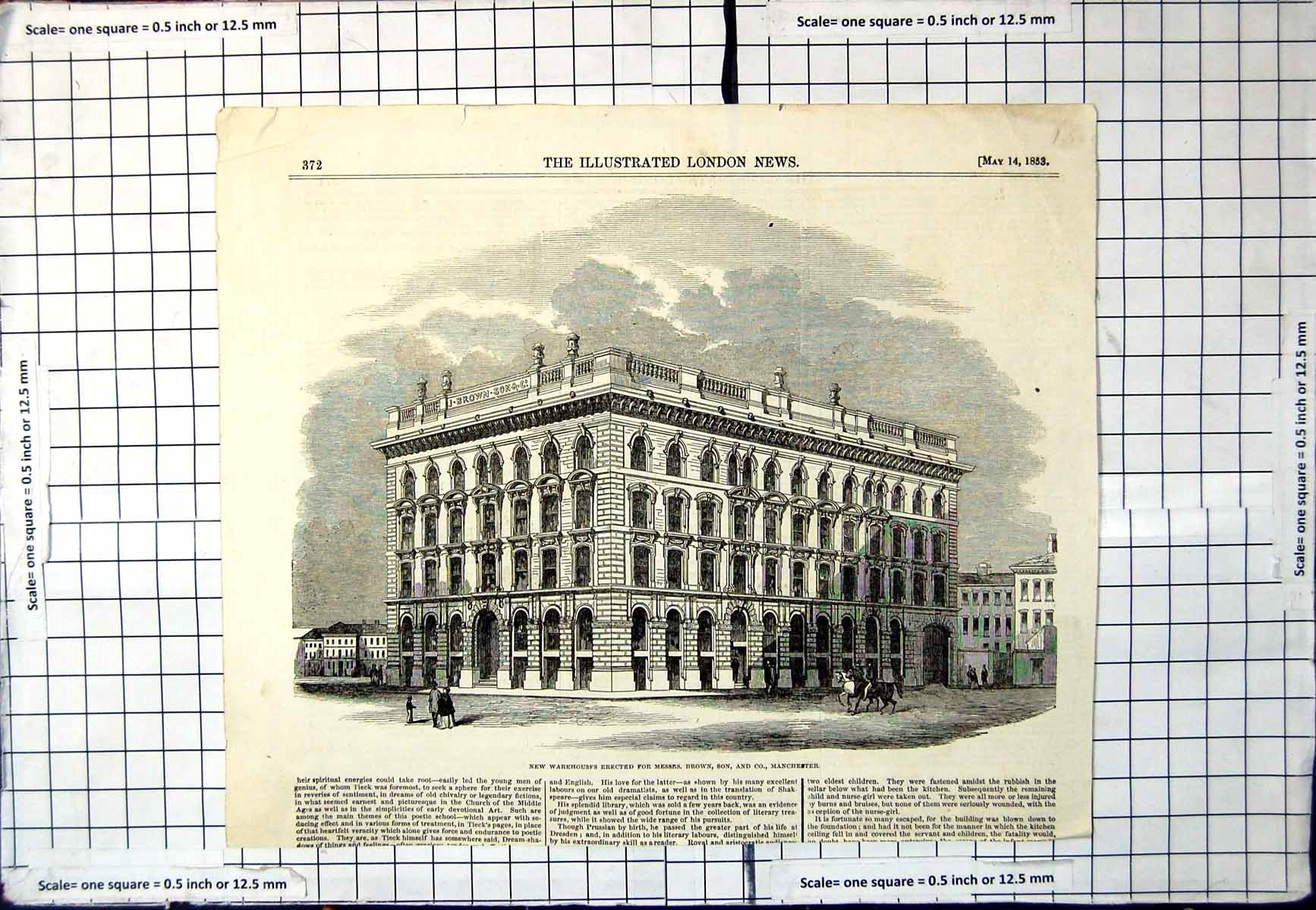Old Antique Print New Warehouses Erected For Messrs Brown Machester 1853 19th