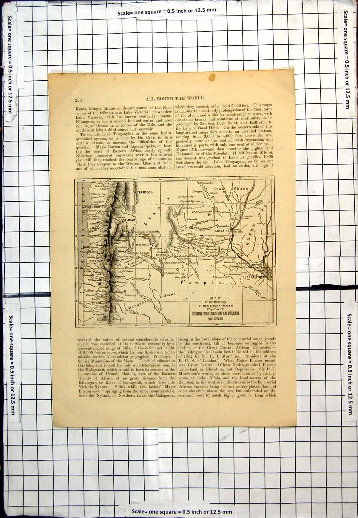 Antique Old Print Map Itinerary Pope Pius Ix From Rio De La Plata To Chili