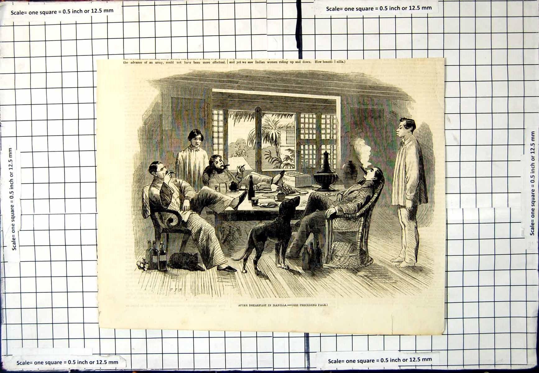 Antique Old Print After Breakfast In Manilla Gentlemen Rattan Chairs Cigars