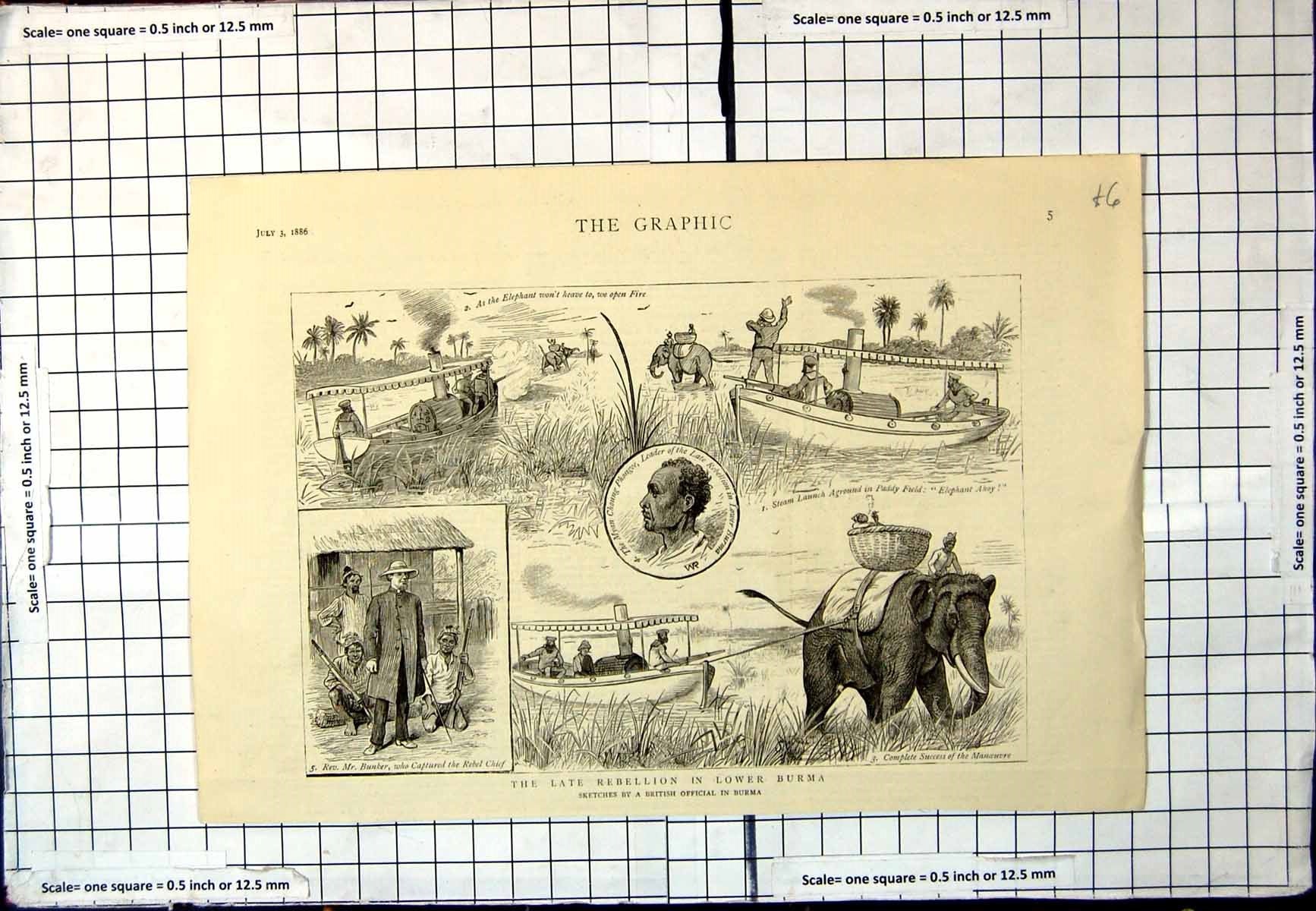 Old Print Late Rebellion Lower Burma Elephant Pulling Boat Sketches 1886 19th