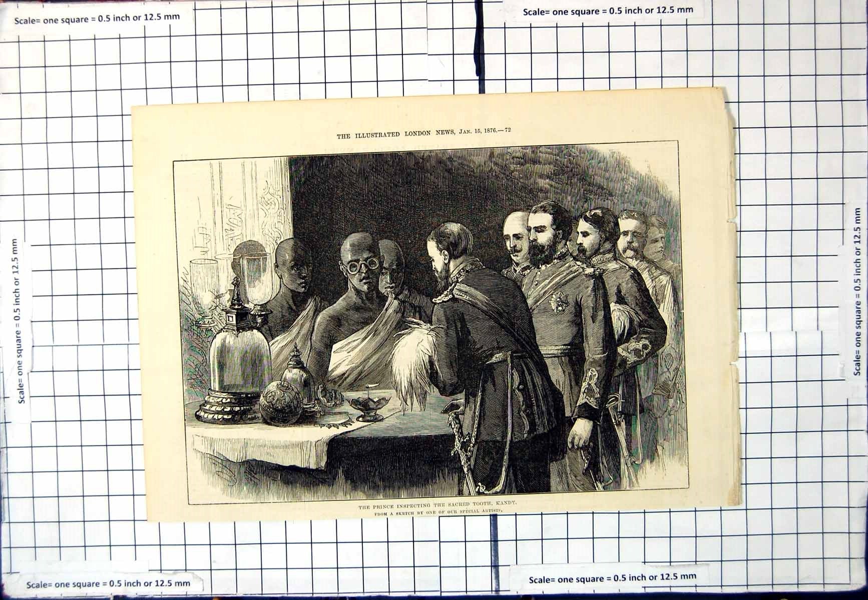 Antique Old Print Prince Inspecting Sacred Tooth Kandy Ceylon Artefacts 1876