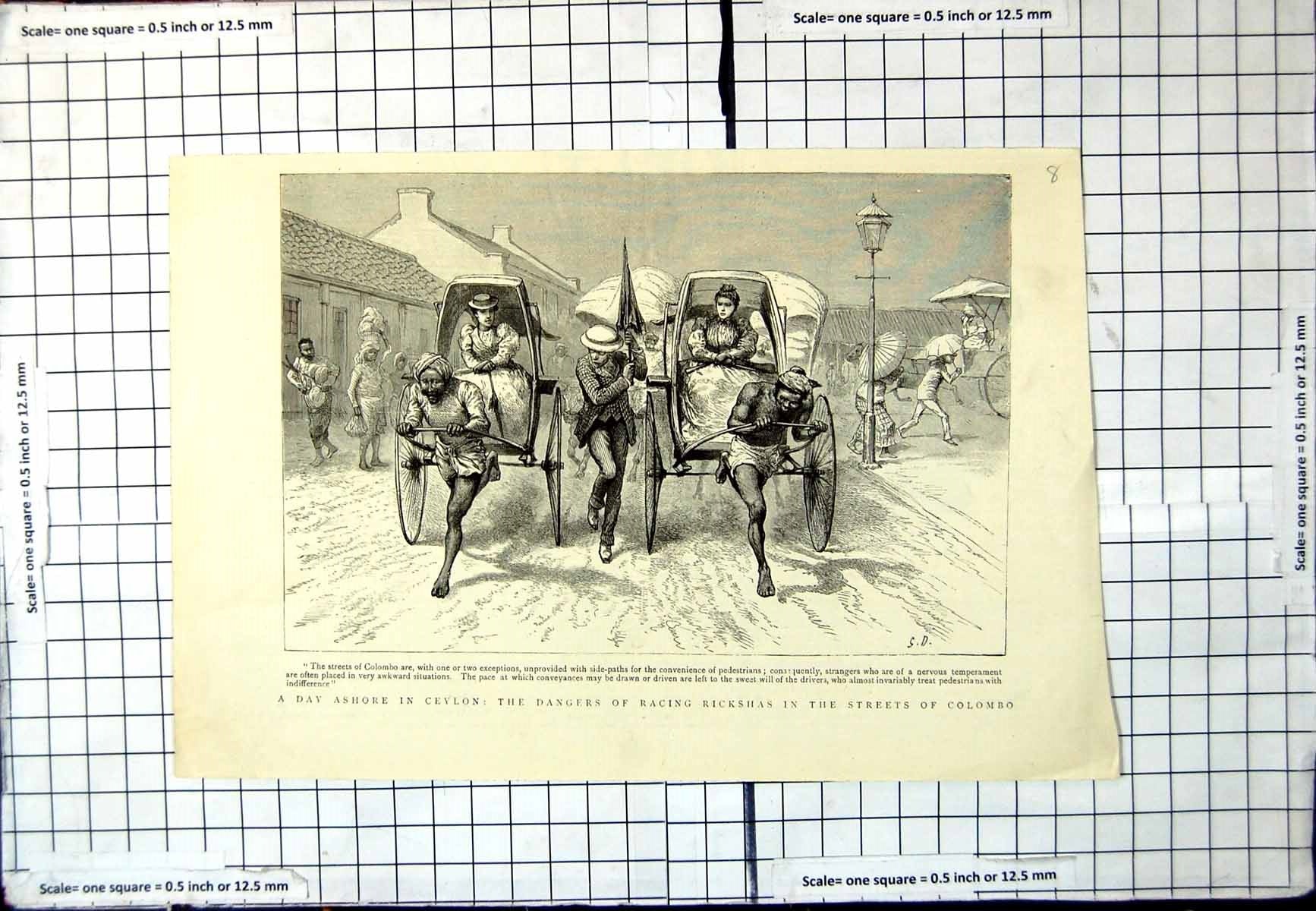 Old Antique Print Dangers Racing Rickshaws To Pedestrians Colombo Ceylon