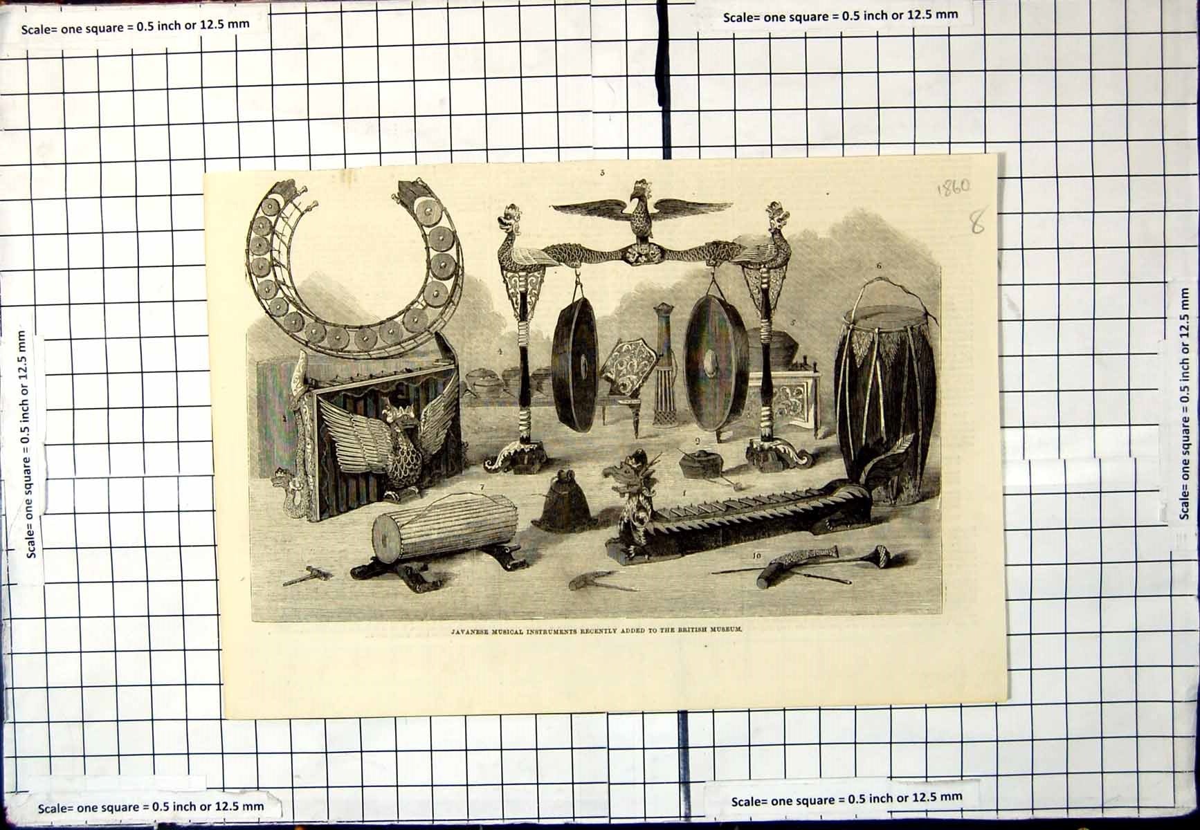Old Print Javanese Musical Instruments Recently Added British Museum 1860 19th