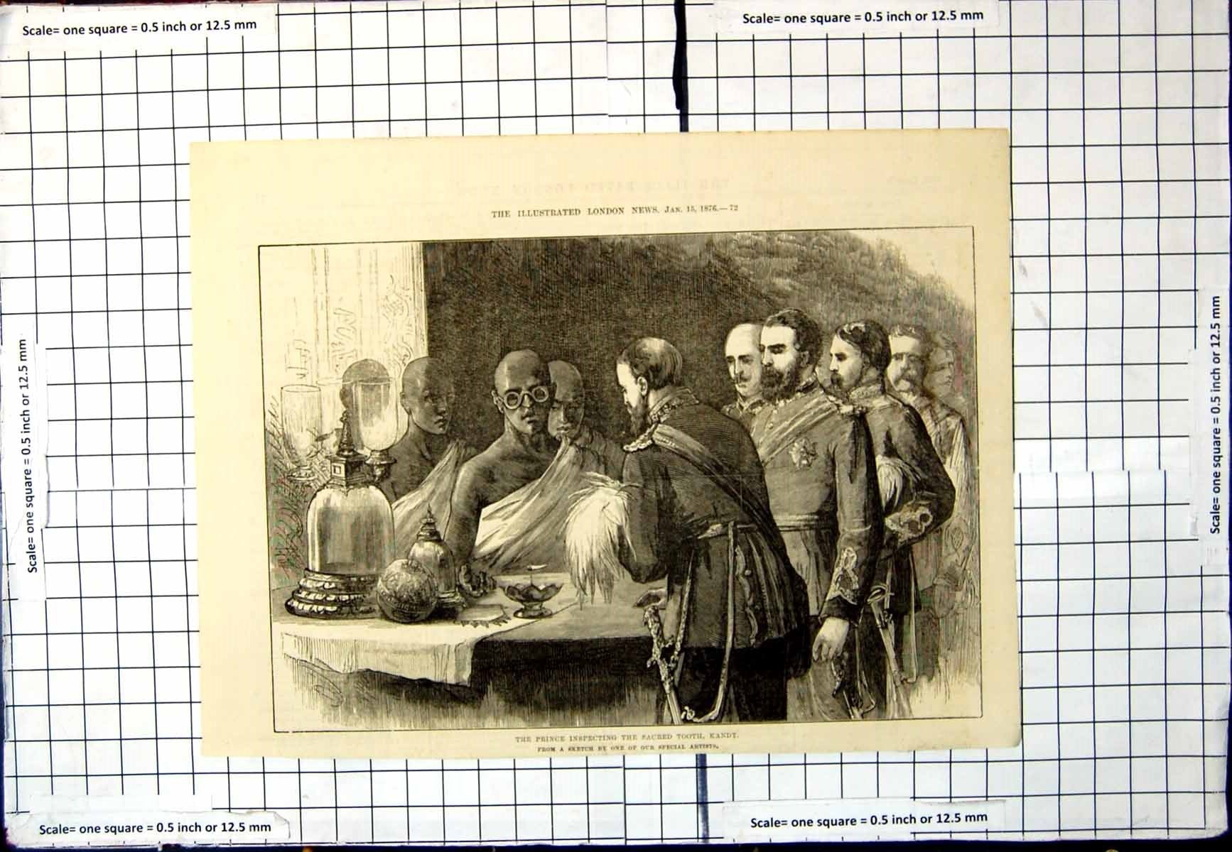 Antique Old Print Prince Inspecting Sacred Tooth Kandy Artefacts Ceylon 1876