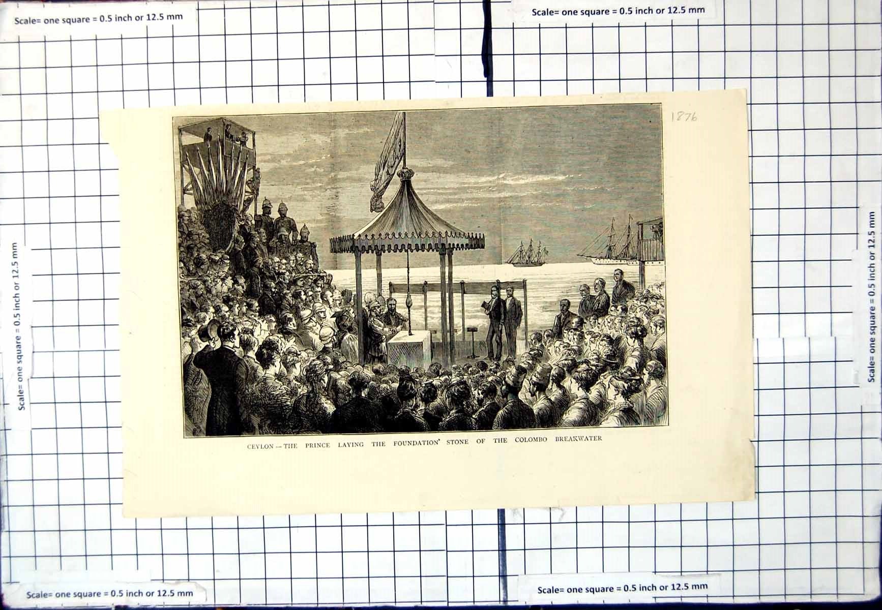Antique Print Ceylon Prince Laying Foundation Stone Colombo Breakwater 1876