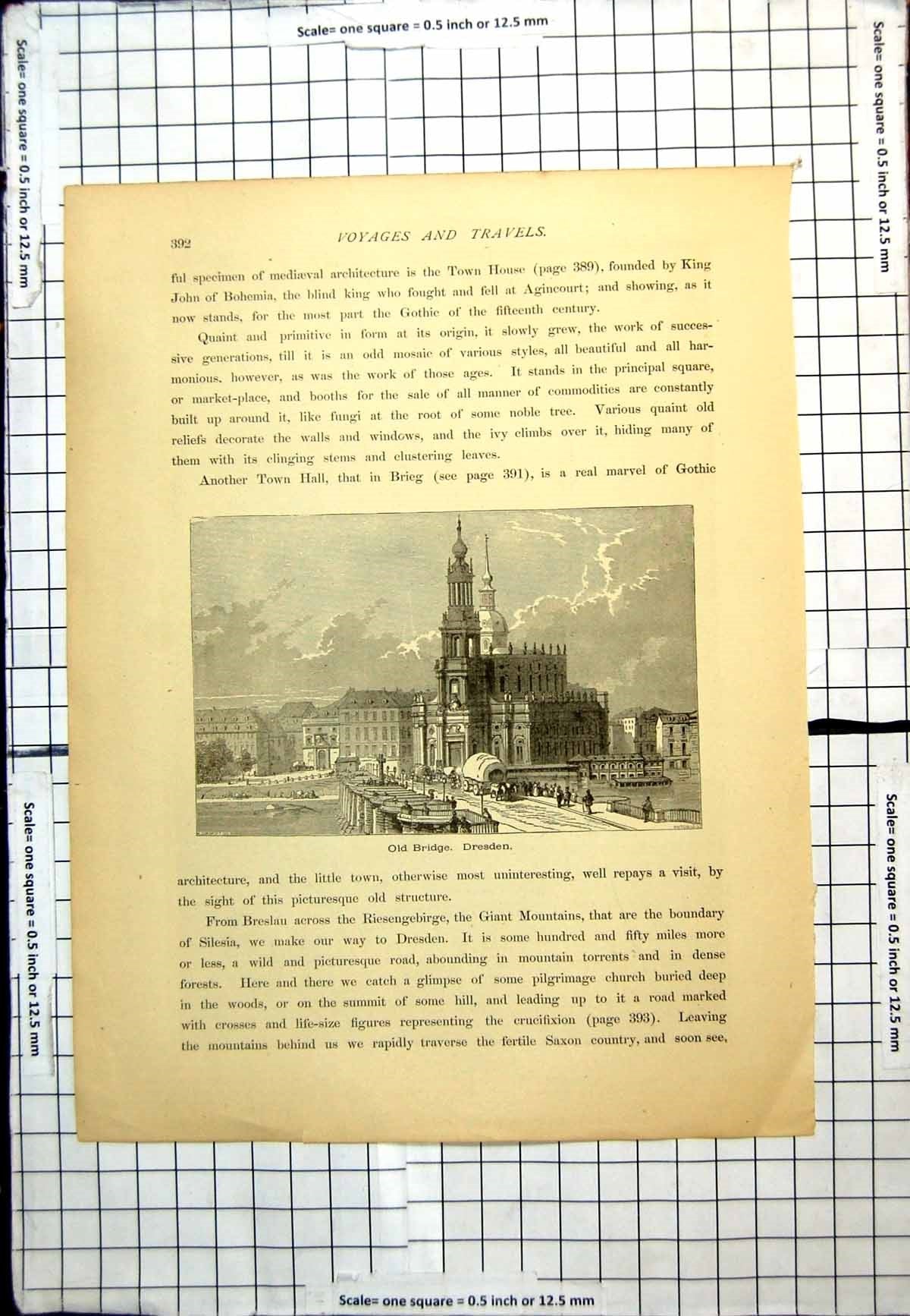 Original Old Antique Print Bridge Dresden City View River Covered Wagon Horses
